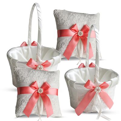Alex Emotions Ivory Ring Bearer Pillow and Basket Set | Lace Collection | Flower Girl & Welcome Basket for Guest | Handmade Wedding Baskets & Pillows (Coral)