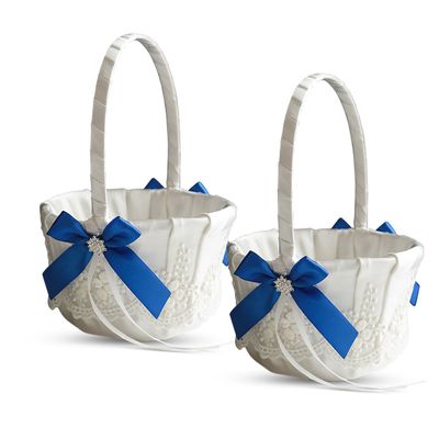Alex Emotions Ivory Ring Bearer Pillow and Basket Set | Lace Collection | Flower Girl & Welcome Basket for Guest | Handmade Wedding Baskets & Pillows (Royal Blue)