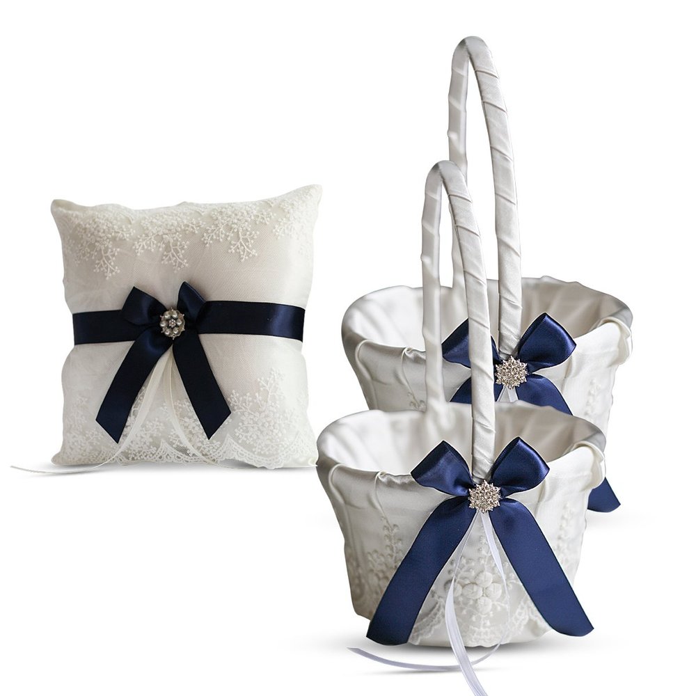 Alex Emotions Ivory Ring Bearer Pillow and Basket Set | Lace Collection | Flower Girl & Welcome Basket for Guest | Handmade Wedding Baskets & Pillows (Navy Blue)