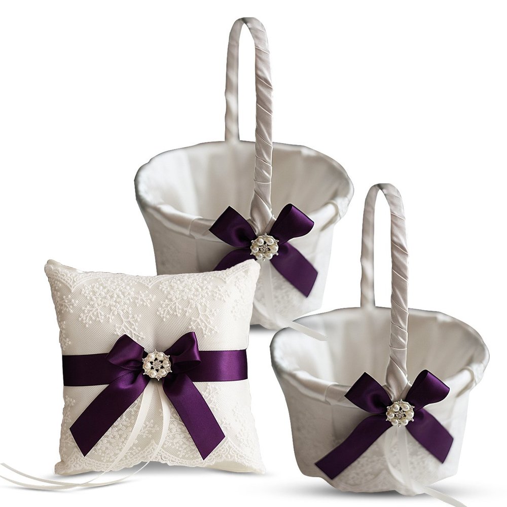 Alex Emotions Ivory Ring Bearer Pillow and Basket Set | Lace Collection | Flower Girl & Welcome Basket for Guest | Handmade Wedding Baskets & Pillows (Plum)