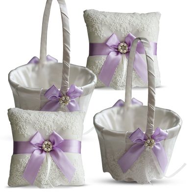 Alex Emotions Ivory Ring Bearer Pillow and Basket Set | Lace Collection | Flower Girl & Welcome Basket for Guest | Handmade Wedding Baskets & Pillows (Violet Lilac Lavender)
