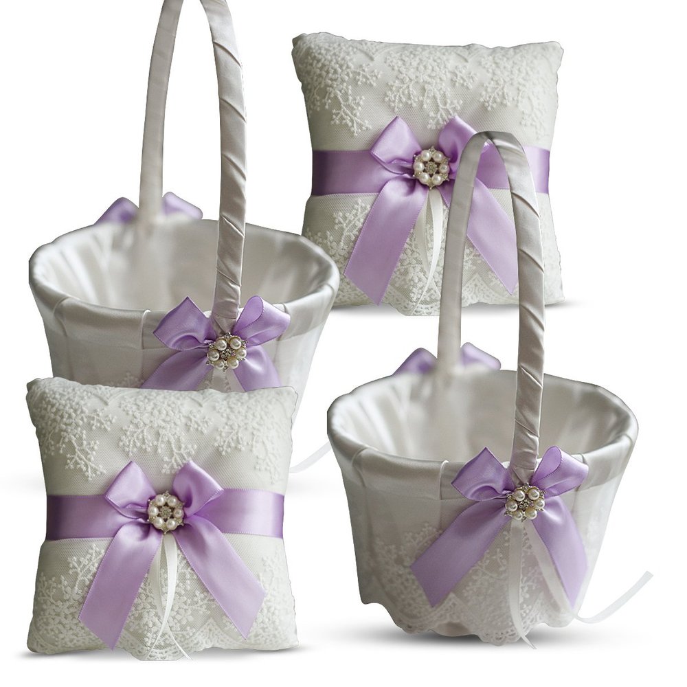 Alex Emotions Ivory Ring Bearer Pillow and Basket Set | Lace Collection | Flower Girl & Welcome Basket for Guest | Handmade Wedding Baskets & Pillows (Violet Lilac Lavender)