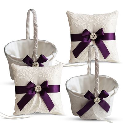 Alex Emotions Ivory Ring Bearer Pillow and Basket Set | Lace Collection | Flower Girl & Welcome Basket for Guest | Handmade Wedding Baskets & Pillows (Plum)