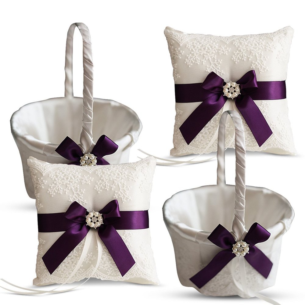 Alex Emotions Ivory Ring Bearer Pillow and Basket Set | Lace Collection | Flower Girl & Welcome Basket for Guest | Handmade Wedding Baskets & Pillows (Plum)