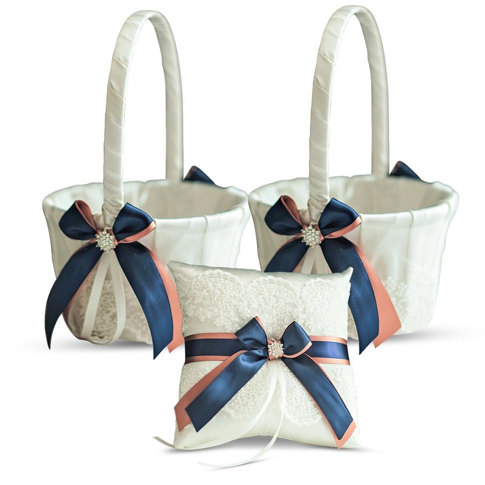 Alex Emotions Ivory Ring Bearer Pillow and Basket Set | Lace Collection | Flower Girl & Welcome Basket for Guest | Handmade Wedding Baskets & Pillows (Navy Rose Gold)