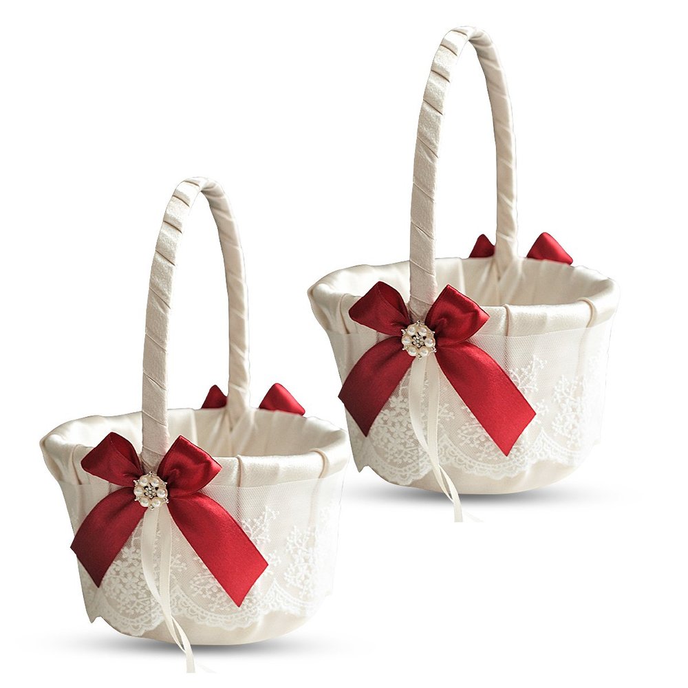 Alex Emotions Ivory Ring Bearer Pillow and Basket Set | Lace Collection | Flower Girl & Welcome Basket for Guest | Handmade Wedding Baskets & Pillows (RED)