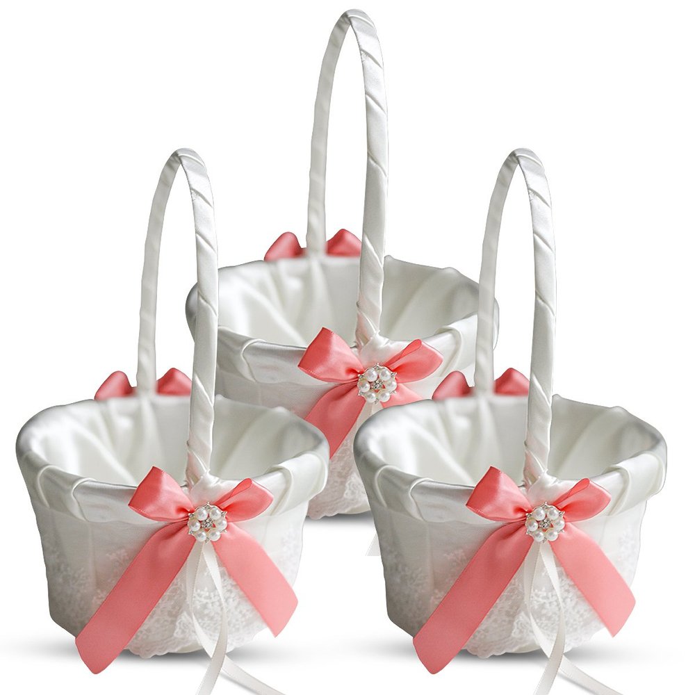 Alex Emotions Ivory Ring Bearer Pillow and Basket Set | Lace Collection | Flower Girl & Welcome Basket for Guest | Handmade Wedding Baskets & Pillows (Coral)