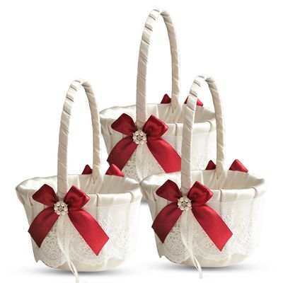 Alex Emotions Ivory Ring Bearer Pillow and Basket Set | Lace Collection | Flower Girl & Welcome Basket for Guest | Handmade Wedding Baskets & Pillows (RED)