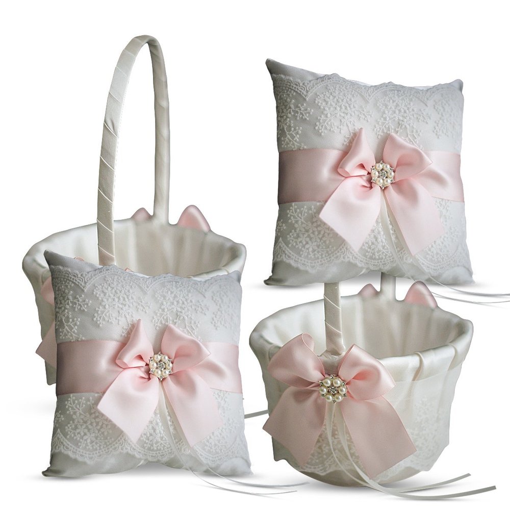 Alex Emotions Ivory Ring Bearer Pillow and Basket Set | Lace Collection | Flower Girl & Welcome Basket for Guest | Handmade Wedding Baskets & Pillows (Blush Pink)