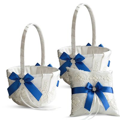 Alex Emotions Ivory Ring Bearer Pillow and Basket Set | Lace Collection | Flower Girl & Welcome Basket for Guest | Handmade Wedding Baskets & Pillows (Royal Blue)
