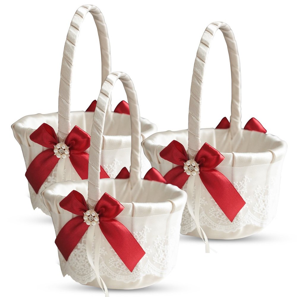 Alex Emotions Ivory Ring Bearer Pillow and Basket Set | Lace Collection | Flower Girl & Welcome Basket for Guest | Handmade Wedding Baskets & Pillows (Scarlet RED)