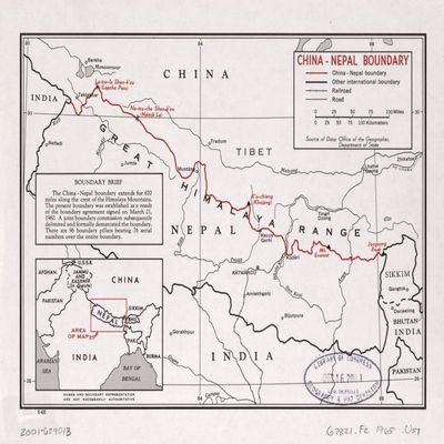 18" x 24" 1965 Map Of China Nepal Boundary Railroads Roads