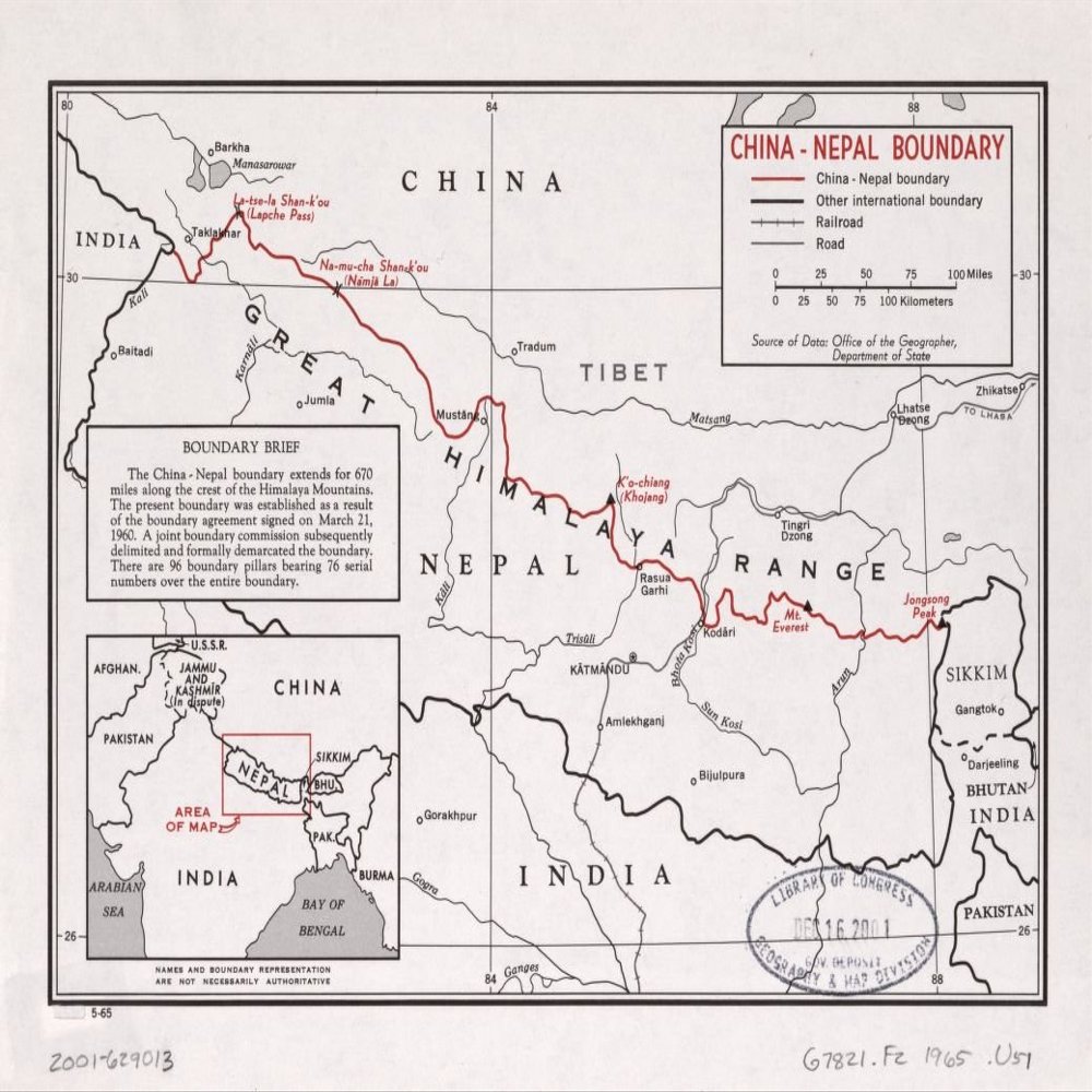 18" x 24" 1965 Map Of China Nepal Boundary Railroads Roads