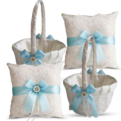Alex Emotions Ivory Ring Bearer Pillow and Basket Set | Lace Collection | Flower Girl & Welcome Basket for Guest | Handmade Wedding Baskets & Pillows (Sky Blue)