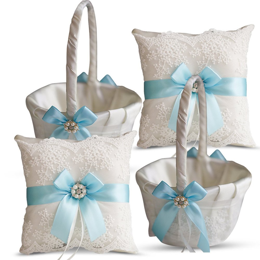 Alex Emotions Ivory Ring Bearer Pillow and Basket Set | Lace Collection | Flower Girl & Welcome Basket for Guest | Handmade Wedding Baskets & Pillows (Sky Blue)