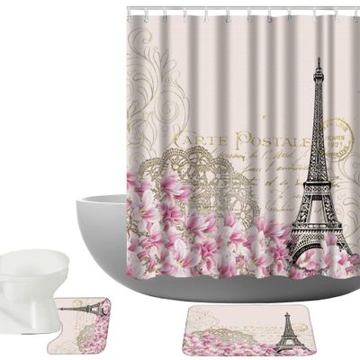 Amagical Paris Decor Collection Eiffel Tower with Pink Flowers Vintage Soft Color Art Print 3 Piece Bathroom Mat Set Shower Curtain Set Bath Mat Contour Mat Fabric Shower Curtian 12 Hooks