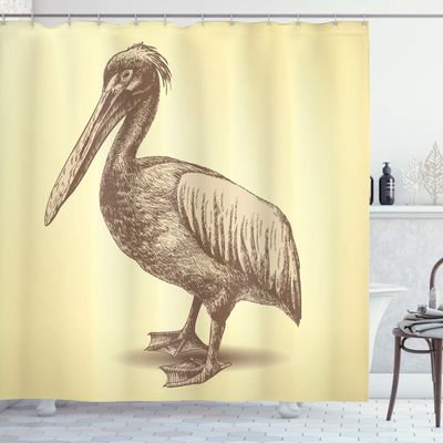 Ambesonne Vintage Yellow Shower Curtain, Hand Sketch Style Pelican Bird Wildlife Inspired Animal Art, Cloth Fabric Bathroom Decor Set with Hooks, 69" W x 70" L, Pale Yellow and Brown