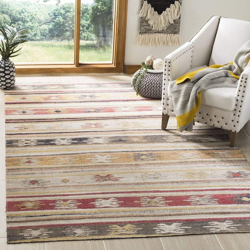 SAFAVIEH Washable Rug Outdoor Montage Collection - 4' x 6', Taupe & Multi, Non-Shedding & Easy to Clean, Ideal for Patio, Backyard, Mudroom (MTG238E)