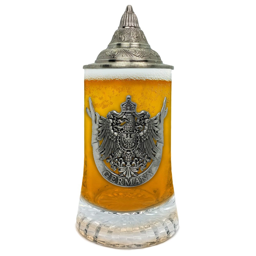 0.5 Liter | OktoberfestHaus Beer Glass Medieval German Eagle Metal Medallion Bar Gifts for Men With Metal Lid Glass Mug