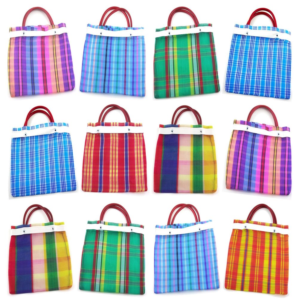 24 Pcs Small Mexican Tote Mercado Bags 7.5 inch by 7.5 inch, Assorted Colors High Thread Mesh - Mini Mexican Mercado Candy Bags