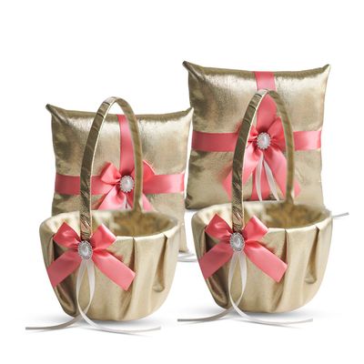 Alex Emotions Gold & Coral Wedding Ring Bearer Pillow and Flower Girl Basket Set Satin & Ribbons Pairs Well with Most Dresses & Themes Splendour Every Wedding Deserves