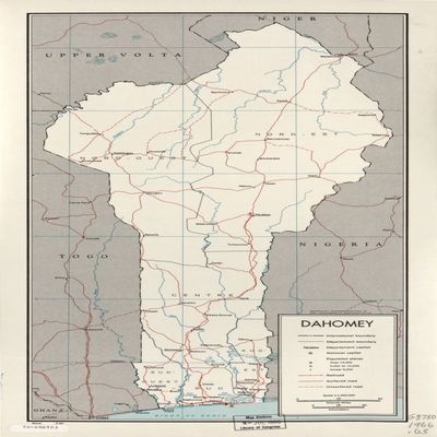 14" x 24" 1966 Map Of Dahomey Railroads Surface Roads