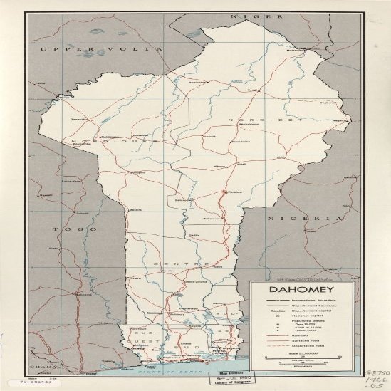 14" x 24" 1966 Map Of Dahomey Railroads Surface Roads
