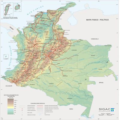 Laminated 24x32 Poster: Colombia Physical Map - Full SizeF