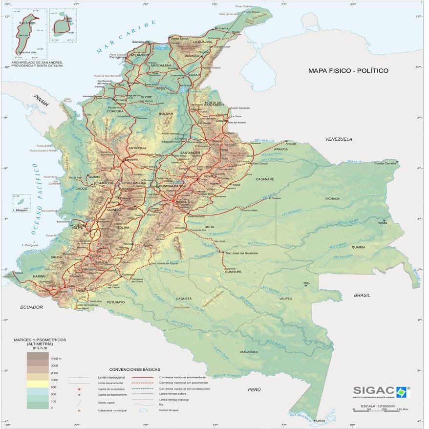 Laminated 24x32 Poster: Colombia Physical Map - Full SizeF