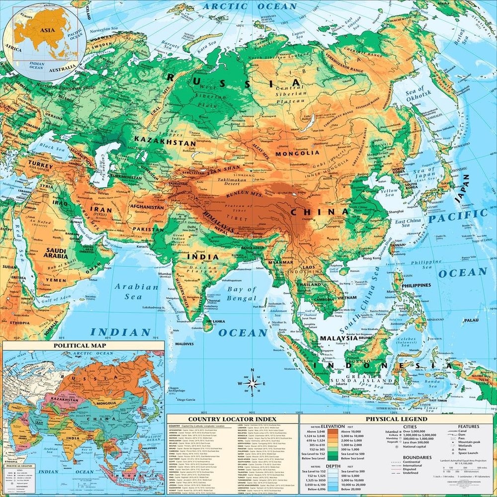 Gifts Delight Laminated 24x24 Poster: Asia Physical Map Mr. McAllisters English