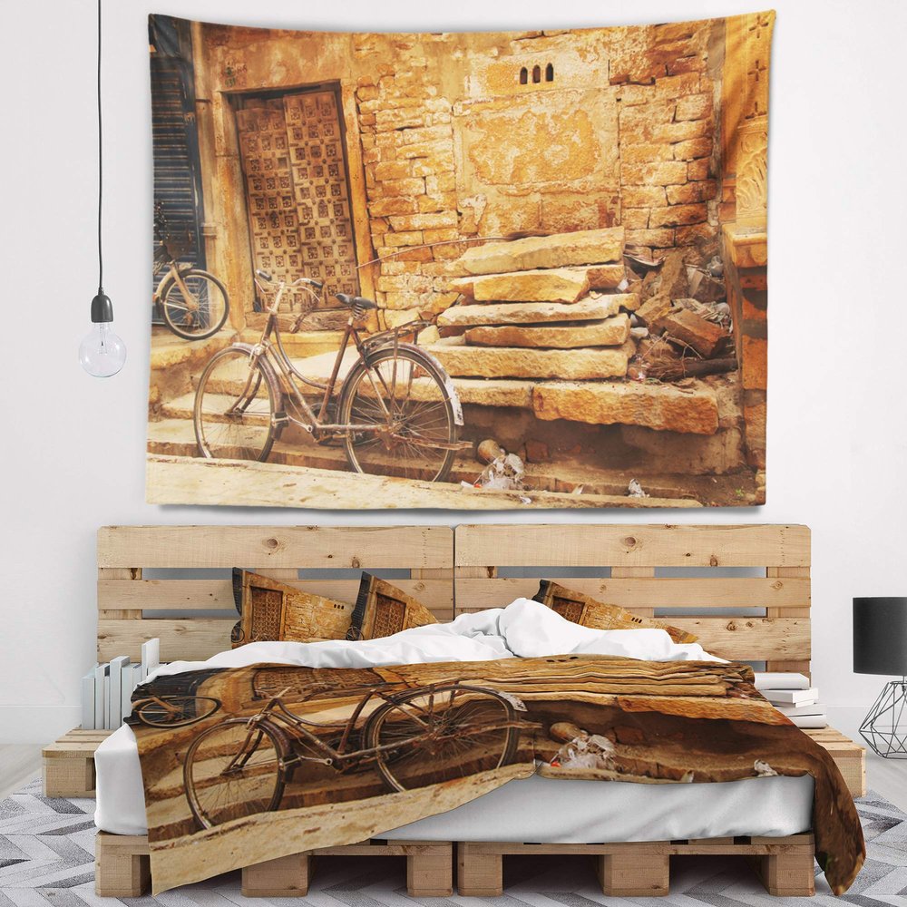 Designart ' Bicycle Against Brown Landscape Photo Tapestry Blanket Dcor Wall Art for Home and Office, Created On Lightweight Polyester Fabric x Large: 80 in. x 68 in