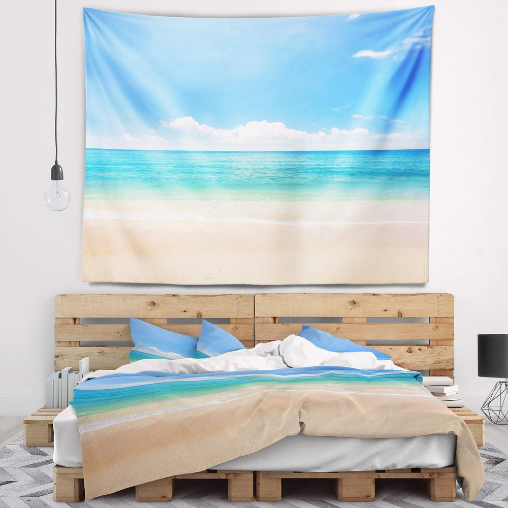 Designart ' Cloudy Horizon Over Beach' Seashore Photo Tapestry Blanket Dcor Wall Art for Home and Office, Created On Lightweight Polyester Fabric x Large: 92" x 78"