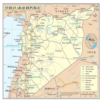 Gifts Delight Laminated 31x24 Poster: Political Map - Large Detailed Political and Administrative map of Syria with Roads, Railroads, Cities and