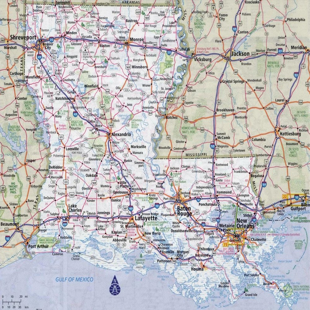 Gifts Delight Laminated 29x24 Poster: Road Map - Large Detailed Roads and Highways map of Louisiana State with All citiesMaps of
