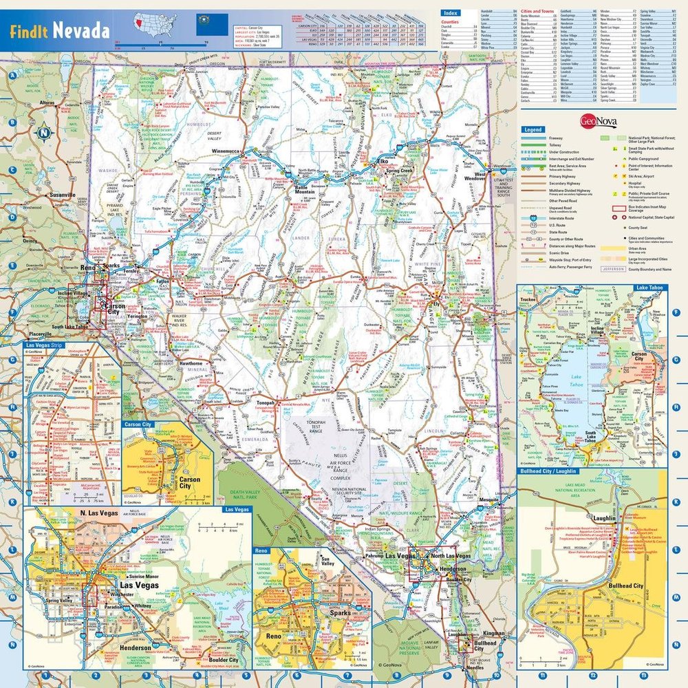 Gifts Delight Laminated 24x25 Poster: Road Map - Large Detailed Roads and Highways map of Nevada State with National Parks and All Cities