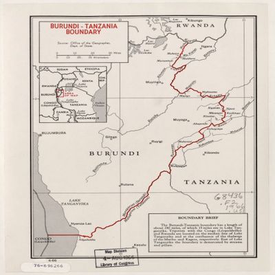 18" x 24" 1966 Map Of Burundi Tanzania Boundary & Countries Wtihin