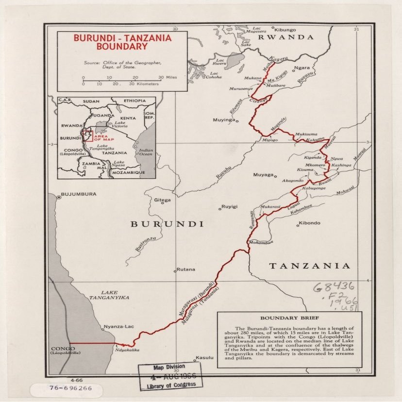 18" x 24" 1966 Map Of Burundi Tanzania Boundary & Countries Wtihin