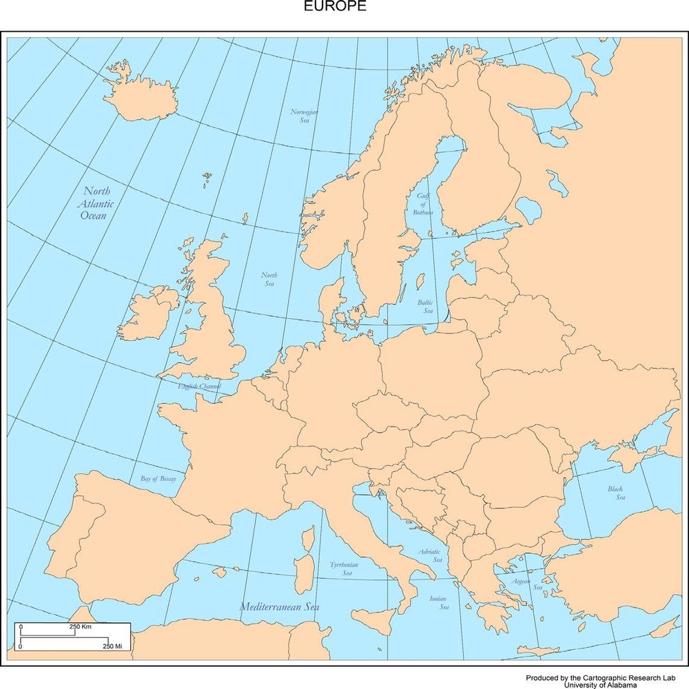 Gifts Delight Laminated 24x25 Poster: Physical Map - Europe Map with Cities - Blank Outline map of Europe-
