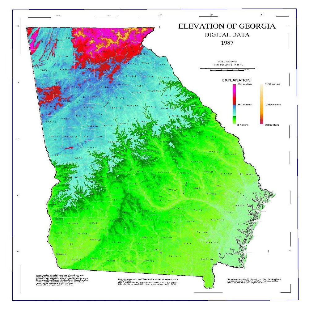 Gifts Delight Laminated 24x26 Poster: Physical Map - Maps - Elevation Map of Georgia - GeorgiaInfo
