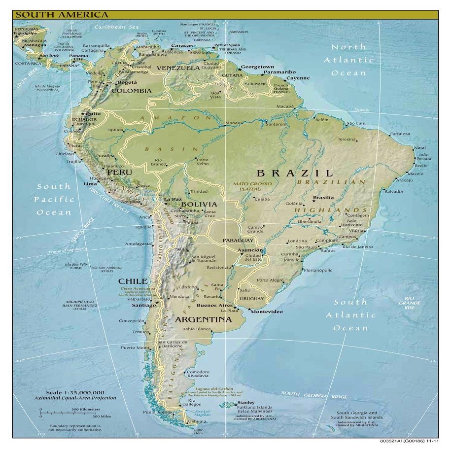 Gifts Delight Laminated 24x31 Poster: Physical Map - Maps of South America Map Library Maps of The World