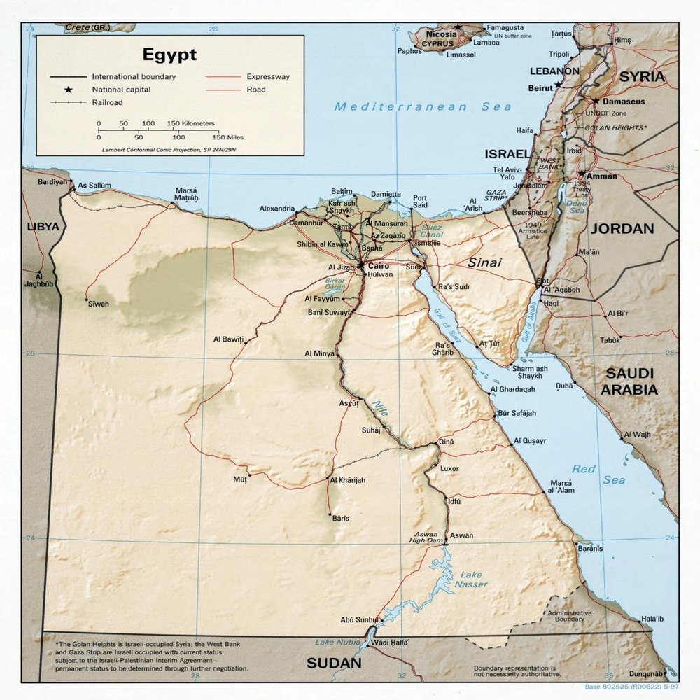 Gifts Delight Laminated 24x28 Poster: Large Scale Political map of Egypt with Relief, Roads, Railroads and Major Cities - 1997 Egypt