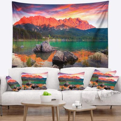 Designart ' Colorful Eibsee Lake Sunset' Landscape Photo Tapestry Blanket Dcor Wall Art for Home and Office, Created On Lightweight Polyester Fabric x Large: 92 in. x 78 in