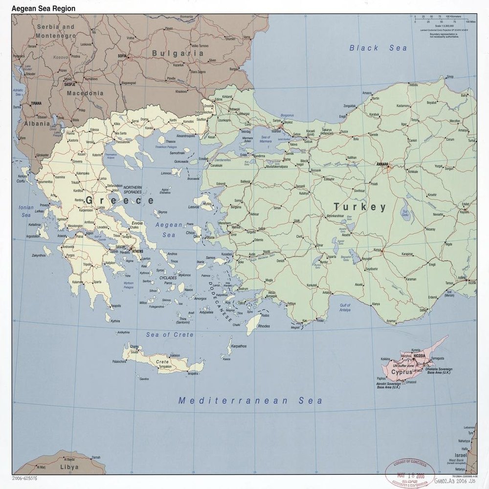 Gifts Delight Laminated 27x24 Poster: Large Detailed Political map of Aegean Sea Region with Roads, Railroads and Major Cities - 2006