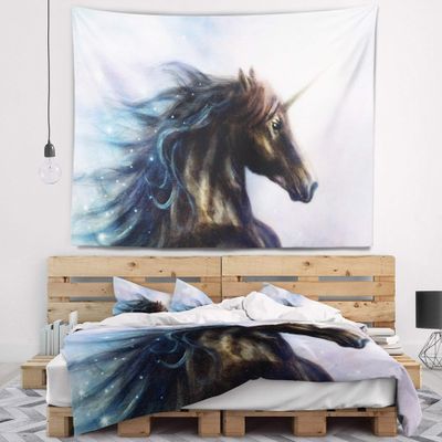 Designart ' Black Unicorn' Animal Tapestry Blanket Dcor Wall Art for Home and Office, Created On Lightweight Polyester Fabric x Large: 92 in. x 78 in