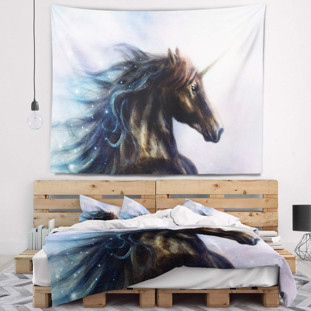 Designart ' Black Unicorn' Animal Tapestry Blanket Dcor Wall Art for Home and Office, Created On Lightweight Polyester Fabric x Large: 92 in. x 78 in