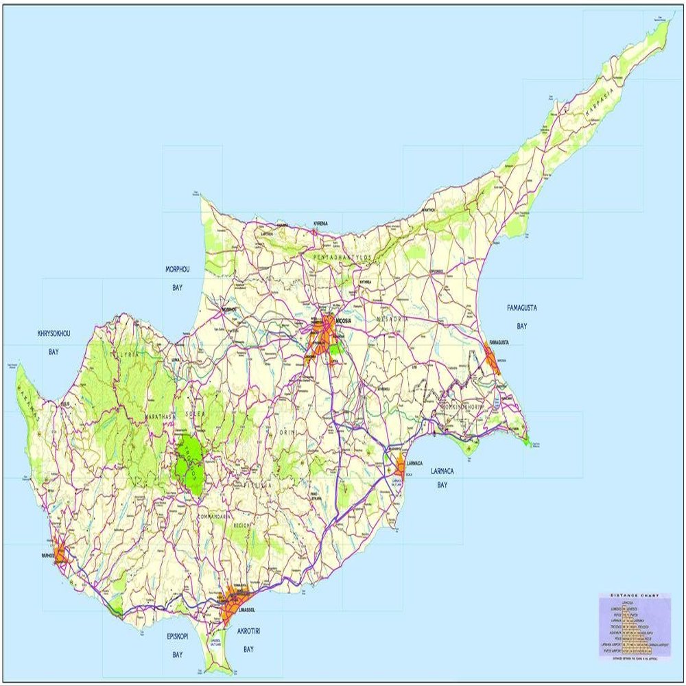 Gifts Delight Laminated 40x24 Poster: Road Map of Cyprus Tourist Map of Cyprus Maps of Districts in Cyprus