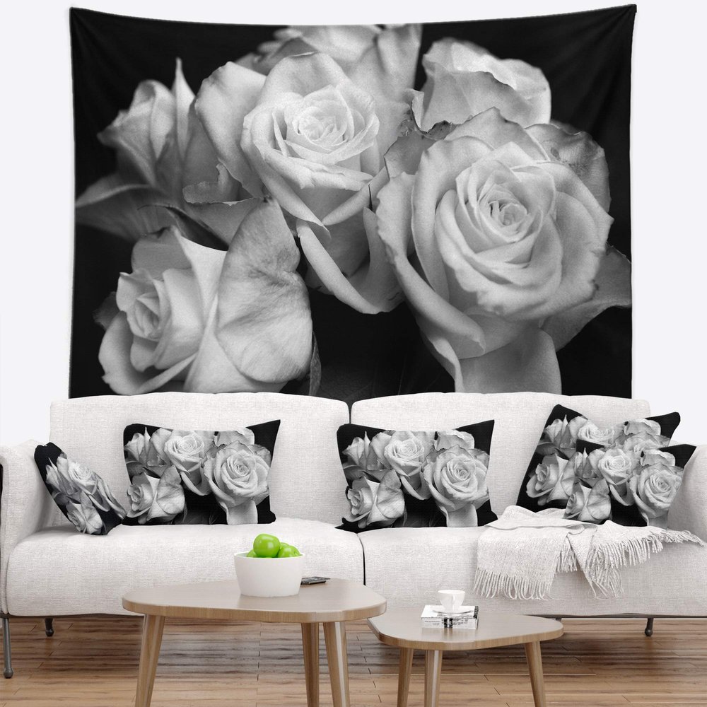 Designart ' Bunch of Roses Black and White' Floral Tapestry Blanket Dcor Wall Art for Home and Office x Large: 92 in. x 78 in
