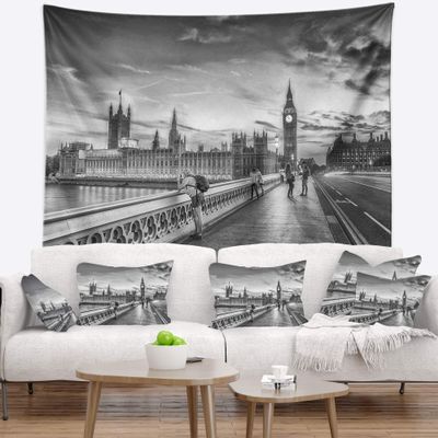 Designart ' Beautiful Black and White London View' Cityscape Tapestry Blanket Dcor Wall Art for Home and Office, Created On Lightweight Polyester Fabric Large: 60 in. x 50 in