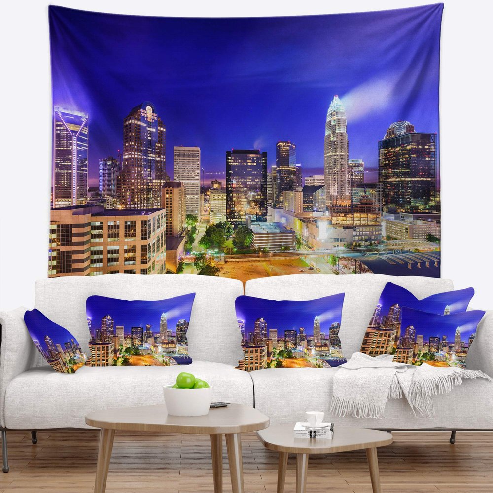 Designart ' Charlotte North Carolina Cityscape Tapestry Blanket Dcor Wall Art for Home and Office, Created On Lightweight Polyester Fabric x Large: 92 in. x 78 in