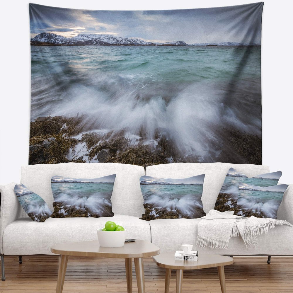Designart ' Waves Splashing Rocks in Norway' Modern Seascape Tapestry Blanket Dcor Wall Art for Home and Office Medium: 39 in. x 32 in